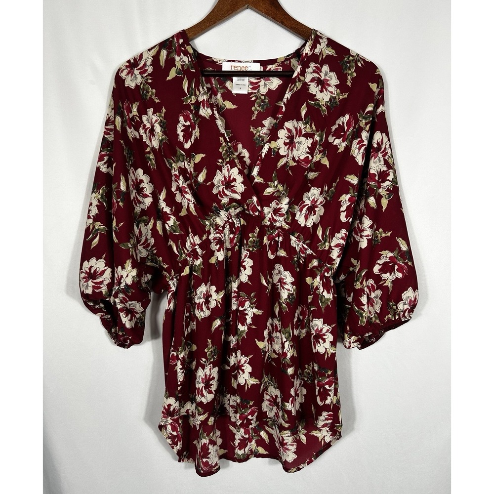 Renee C USA Women's Babydoll Tunic Top Size L Dark Floral Kimono Y2K Whimsigoth